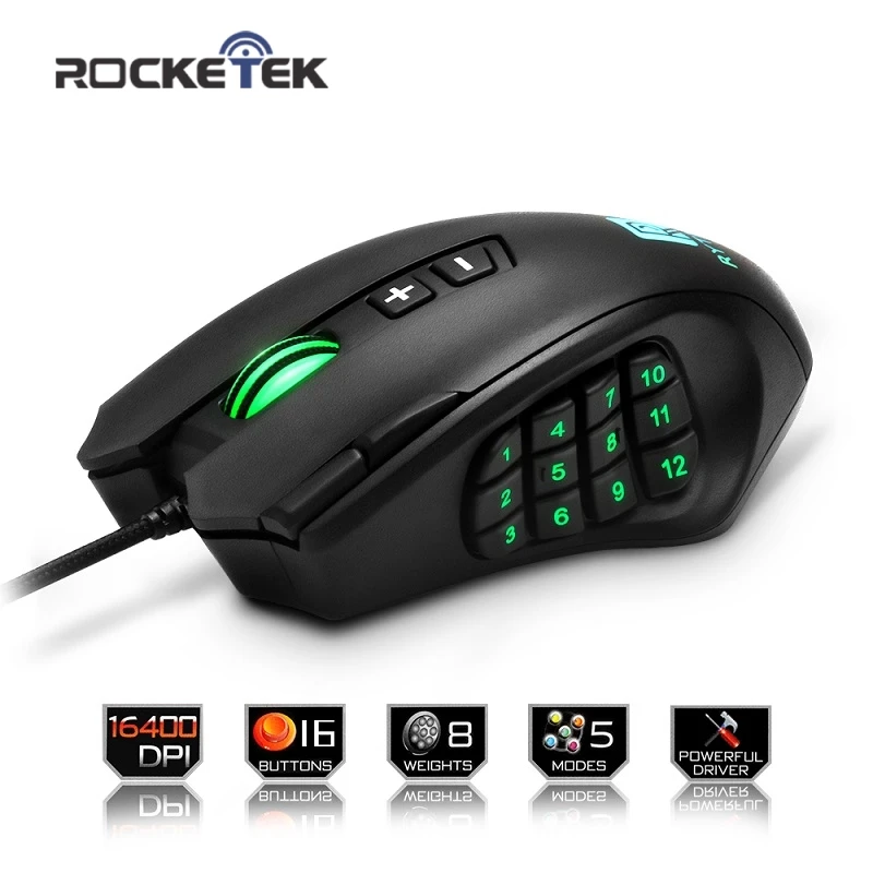 

Rocketek USB wired Gaming Mouse 16400 DPI 16 buttons laser programmable game mice backlight ergonomic for laptop computer LOL