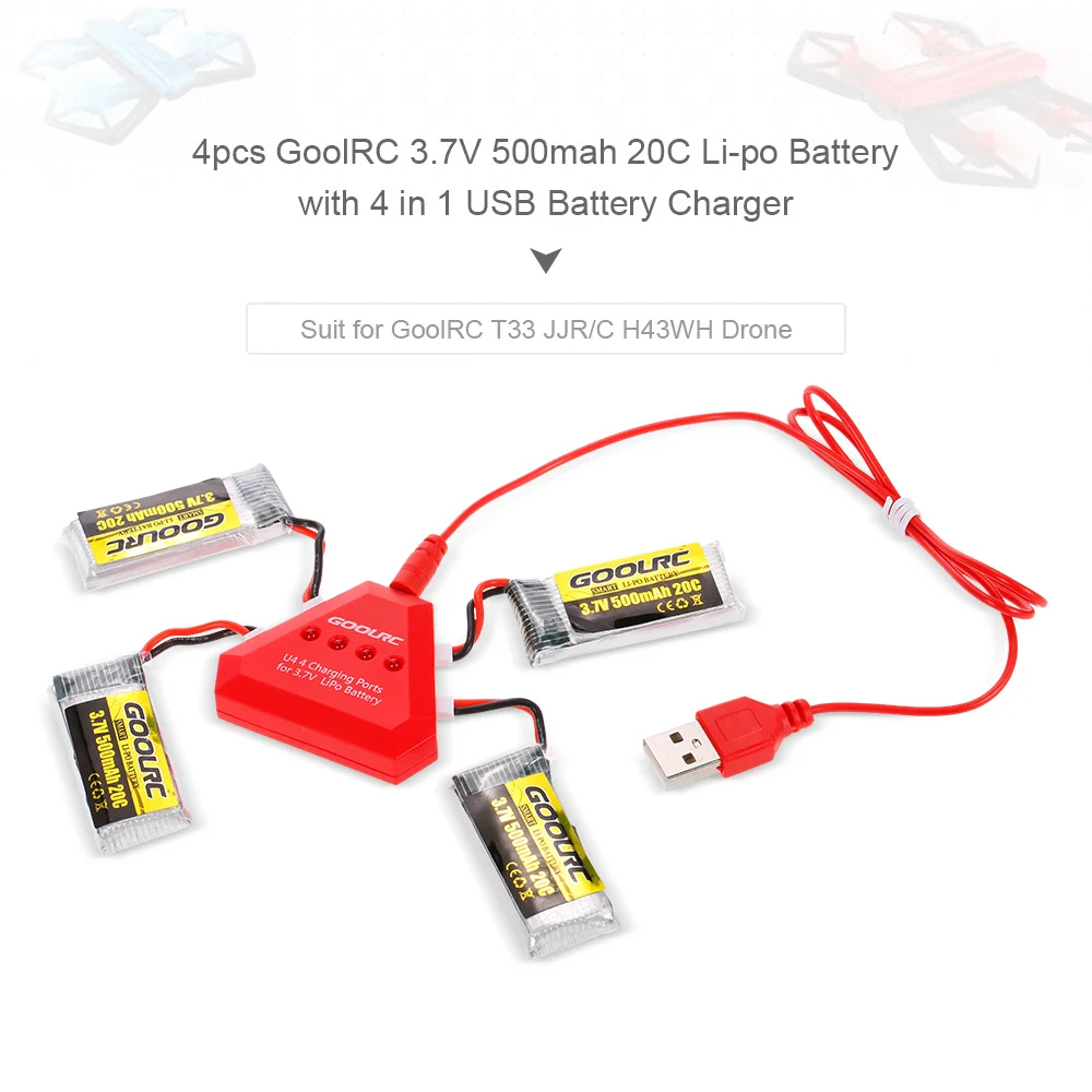 

4pcs 3.7V 500mAh 20C Li-po Battery with 4 in 1 U4 Fast Smart Charger for T33 JJR/C H43WH Drone Quadcopter