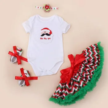 

4PCs per Set Newborn Baby Girls First Second Santa Ho Ho Christmas Outfit Polka Dots Skirts Headband Shoes for 0-24Months