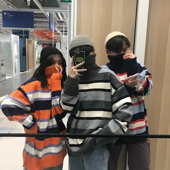 

Women Sweater Autumn Winter Casual Harajuku Long Sleeve Turtleneck Pullovers Knitted Sweater Thick Warm Striped Sweater Female