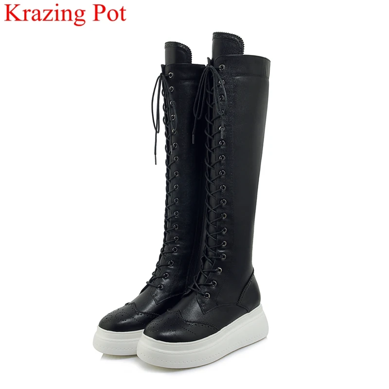 

2018 superstar cow leather high heels wedge knee-high boots zipper platform winter shoes increased Oxford thigh high boots L8f4