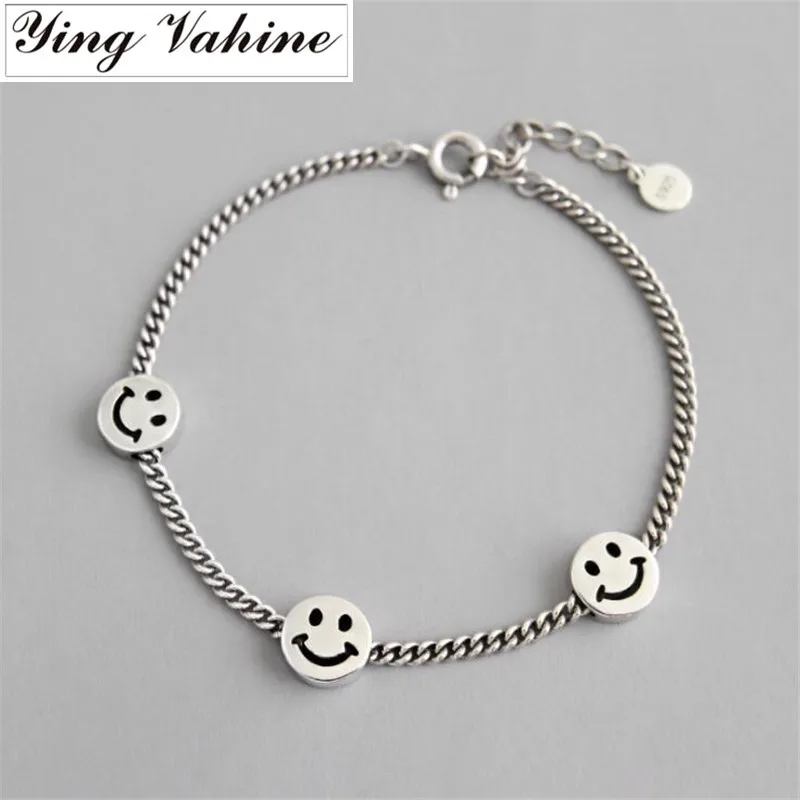 

ying Vahine Happy Face Bracelet Femme 100% 925 Sterling Silver Smiling Face Charm Bracelets for Women