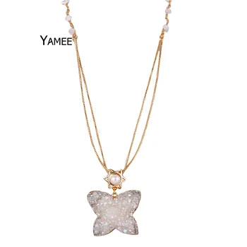 

Butterfly Opal White Titanium Natural Druzy Quartz Crystal Pendant Freshwater Pearl Handmade Gem Stone Beads Necklace Craft