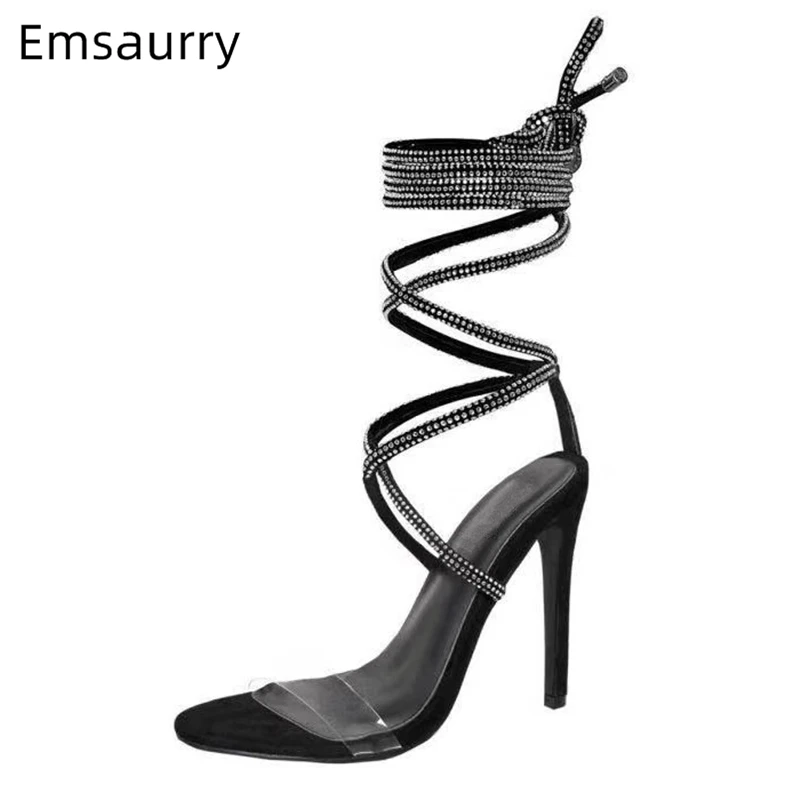 

Sexy 2019 Jewelled Cross-tied Gladiator Sandals Women Thin High Heels Transparent PVC Ankle Wrap Summer Sandalias Mujer