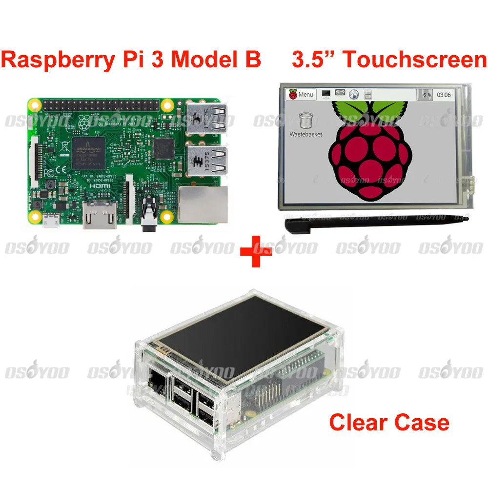 Osoyoo 2016 New Raspberry Pi 3 Model B Board +3.5 inch LCD Touchscreen Display + Clear Case + 2pcs Heat Sink Free Shipping