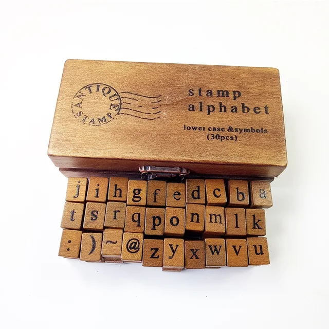 Angelwing Alphabet Stamp Rubber Set Romantic Design Capital Letter Retro Vintage Wooden Craft Box 30pcs