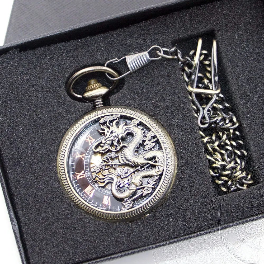 Топ бренд Бронзовый Дракон Механические карманные часы римские цифры Скелет циферблат унисекс Карманные и Fob часы для мужчин и женщин PJX1352