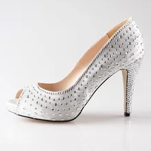 Handmade white ivory satin shoes with clear rhinestones peep open toe heels for bridal wedding dress shoes pumps dancing shoes