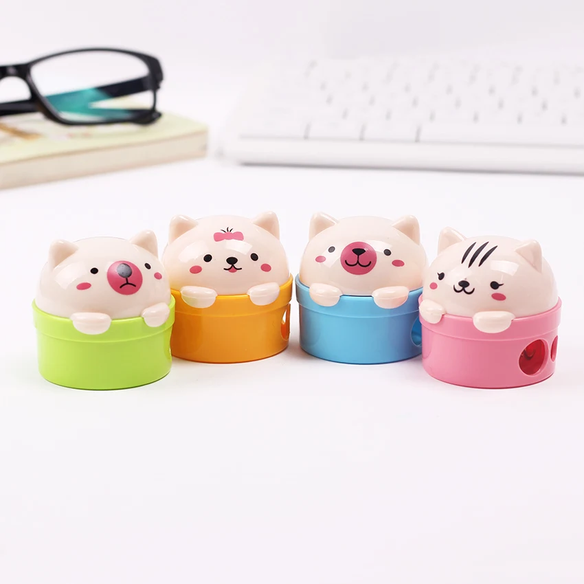 

1PC Stationery Double Holes Pencil Sharpener Cartoon Cat and Bear Plastic Pencil Sharpener For Kids Student School