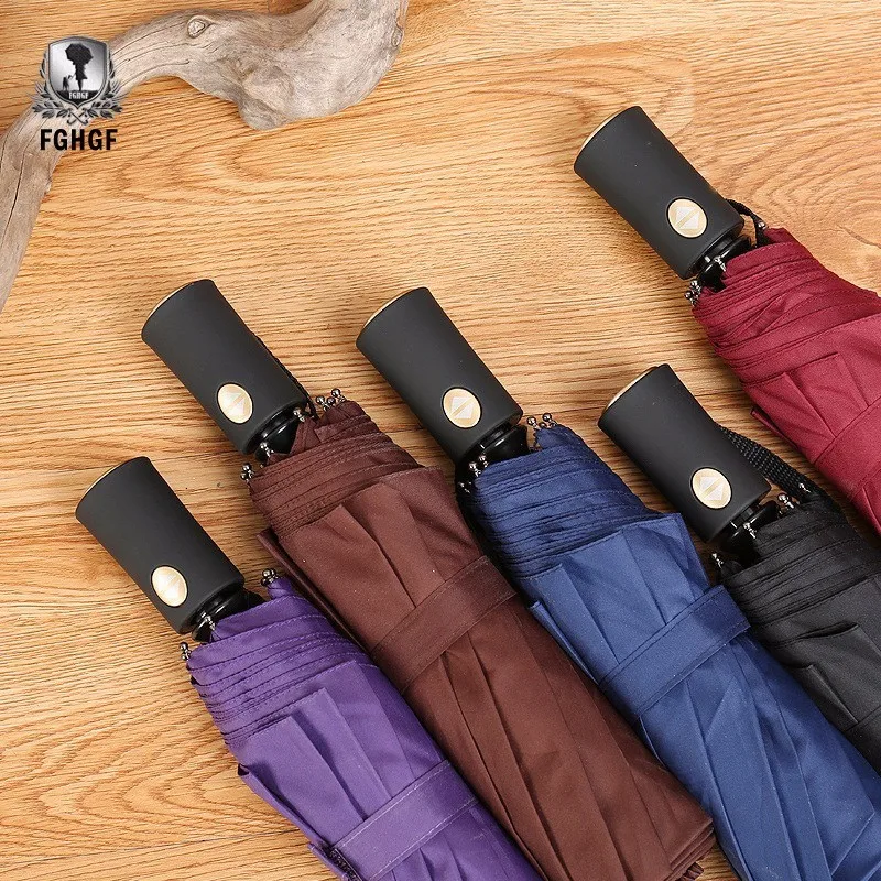 FGHGF Big Business Windproof Auto 10 Ribs Men 3 Folding Umbrella Fully Automatic Stripe Outdoor Windproof Black Rain Paraguas