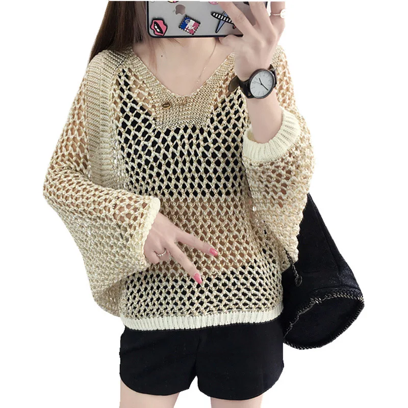 

2017 Spring Summer Autumn Grid Hollow Out Pullovers V-Neck Knitted Sweater Batwing Sleeve Loose Korean Women Sweater YP0289