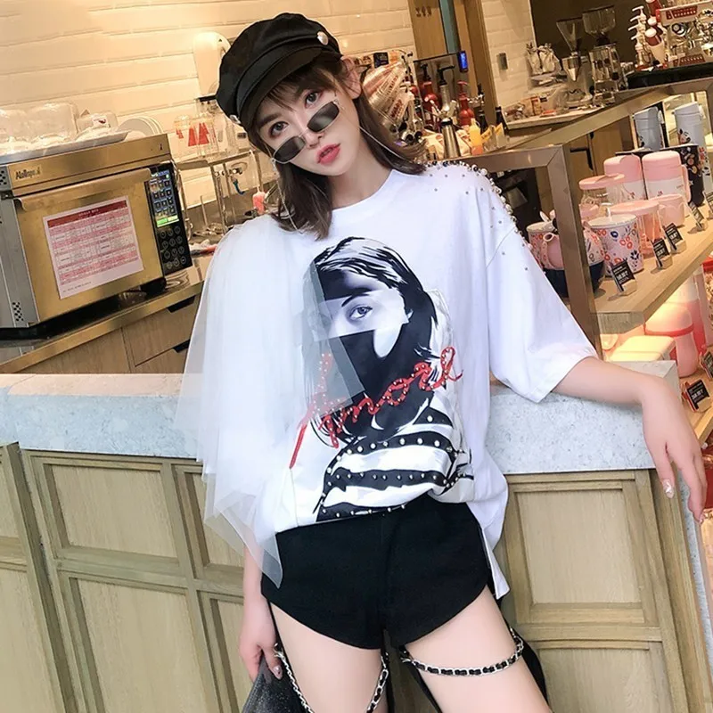 

Women White Tshirt Tops 2019 New Summer Streetwear Gril Print T Shirt Short Sleeve Tees Mesh Beading Stranger Party Loose Pj501