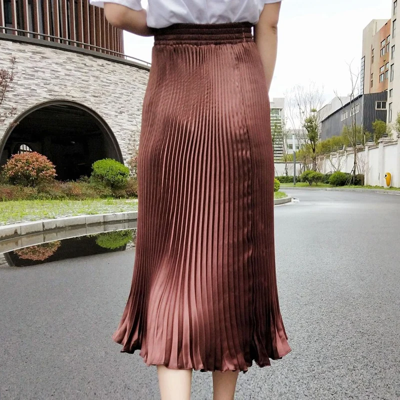 Saimishi большие блестящие металлические элегантные Сатиновые плиссированные юбки летние тянущиеся с высокой талией обтягивающие женские длинные юбки до середины икры