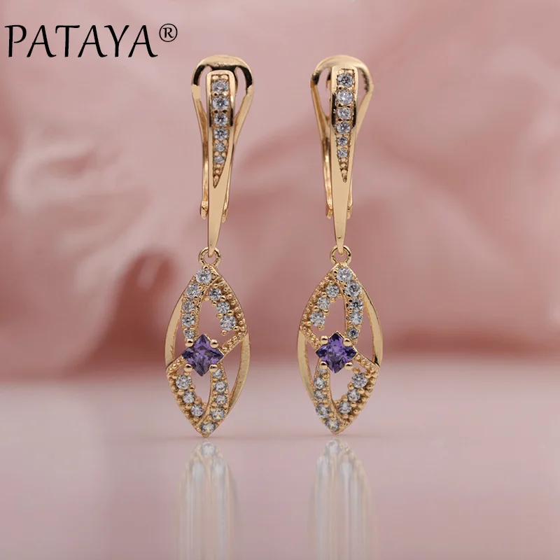

PATAYA New 585 Rose Gold Micro-wax Inlay Purple Square Natural Zircon Dangle Earrings Women Wedding Party Hollow Luxury Jewelry