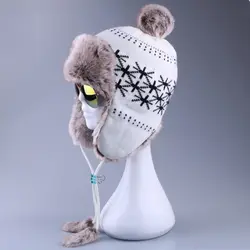 Русская зимняя шапка Шерсть вязать для женщин ушанка помпоном Earflap Bomber Hat из искусственного лисьего Мех животных ветрозащитный снег лыжный