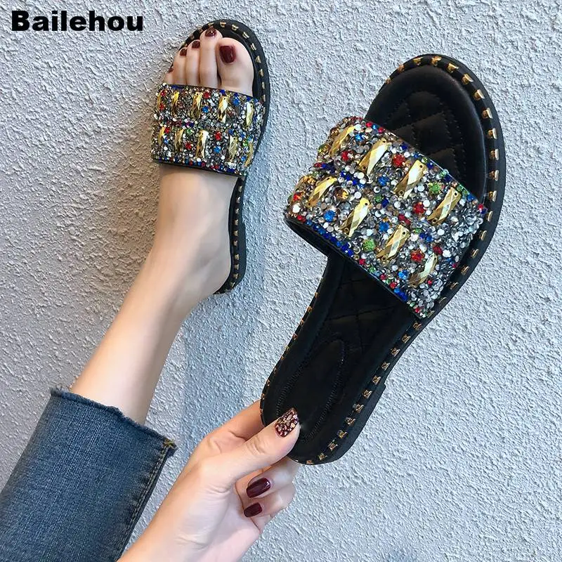 

Bailehou Women Slippers New Fashion Brand Solid Flat Shoe Slippers Women Slides Peep Toe Sandals Sexy Casual Rhinestone Slippers