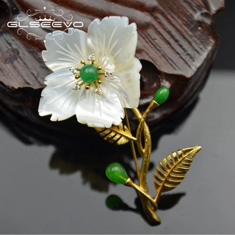 

GLSEEVO Natural Mother Of Pearl Flower Brooch Pins Green Jade Brooches For Women Dual Use Designer Fine Jewelry Luxury GO0235