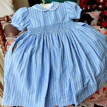 Хорошее качество, новые летние платья принцессы с оборками для маленьких девочек от 2 до 6 лет, детское Хлопковое платье в синюю полоску с цветочным рисунком и бантом ручной работы