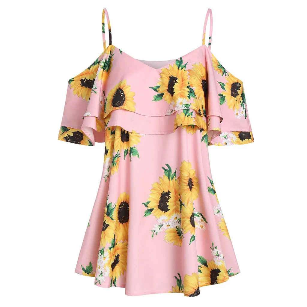 

Sunflower Print Women's Tops Sling V-neck Strapless Ruffled Ladies Tops Beach Fashion Casual Loose 2019 Blouse S