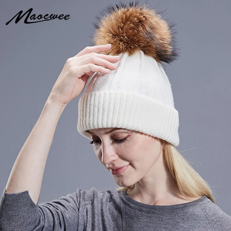 

Autumn Winter Knitted Wool Hats For Women Fashion Pompon Beanies Fur Hat Female Warm Caps With Natural Genuine Raccoon Fur Cap