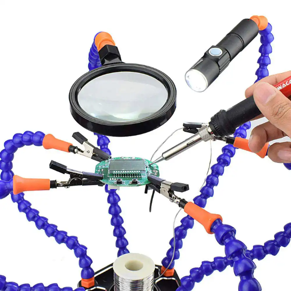 LED Torch Six Helping Third Hands Flexible Arm Soldering Station Tool Clamp