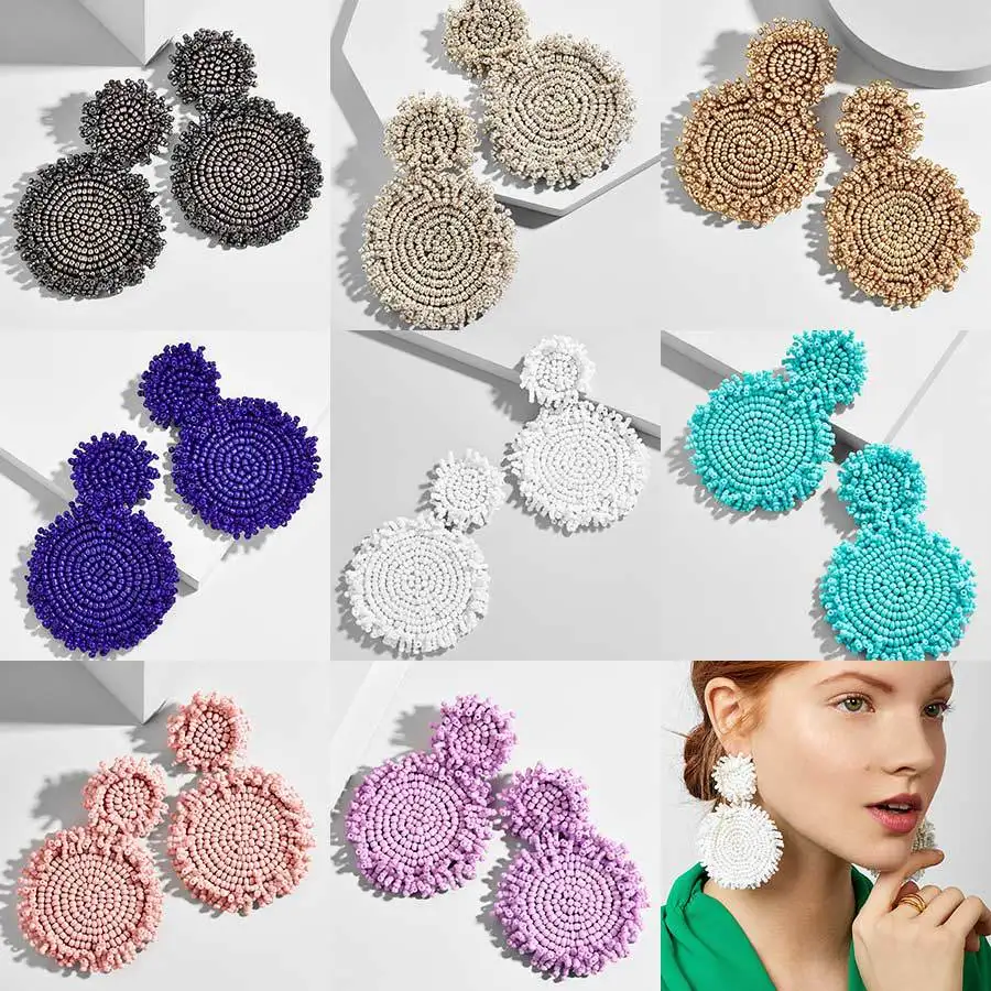 

Bohemian Handmade Seed Beads Drop Earrings Colorful Round Big Pendant Dangle Earrings For Women Statement Jewelry Gift
