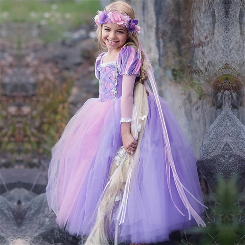 Детские платья принцессы Софии, Рапунцель для девочек; бальное платье; Длинные вечерние платья; одежда для детей; Детский карнавальный костюм; маскарадный парик