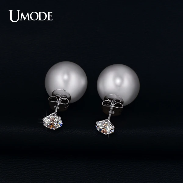UMODE Женские ювелирные изделия с покрытием из белого золота: двусторонние серьги-гвоздики с 3 фианитами огранки Жемчужина 0,75к JE0253B