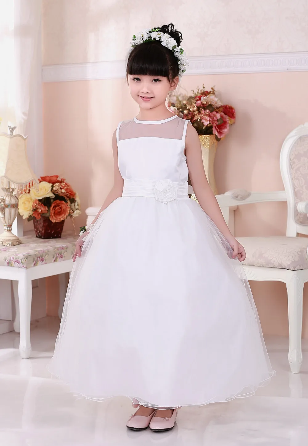 Shybobbi Новинка, платье для девочек белый цветок Пояс Тюль пят свадьбу подружки невесты принцессы детская одежда