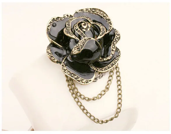 Элегантные женские черные броши в форме цветка розы, эмалированная брошь на булавке для женщин, свадебные вечерние ювелирные броши с кисточками, женские булавки для хиджаба
