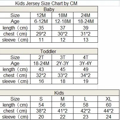 kid jersey size chart