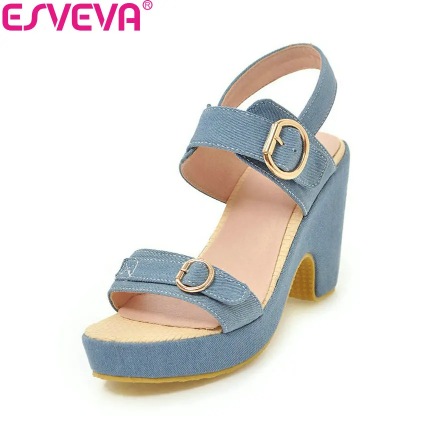 

ESVEVA 2018 Women Sandals Denim Square High Heels Summer Simple Style Sandals Platform 2.5cm Elegant Shoes Women Size 34-40