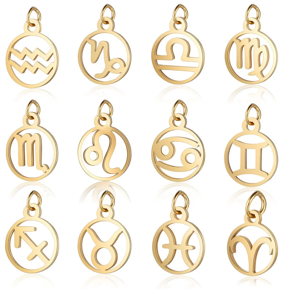 Stainless Steel 12 Signs Zodiac Metal Charms 11*16mm Gold Color Zodiac Mini Charms Pendant for
