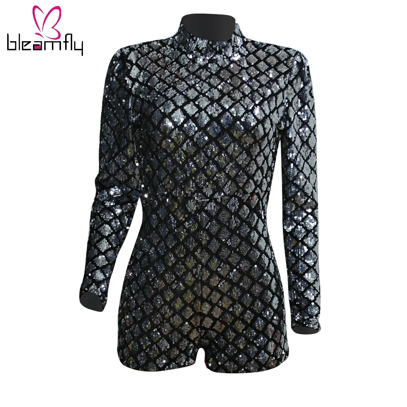 Sequin Playsuit Women Jumpsuit Shorts Long Sleeve Rompers 2018 Ladies Turtleneck Sexy Club Party Jumpsuit Short Femme Bodycon