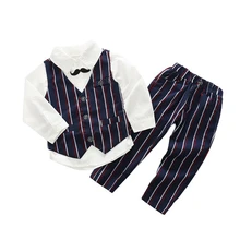 New Spring Autumn Baby Boys Gentleman Beard tie Fashion Temperament Suit Vest + Shirt + Pants stripe Three-piece Suit