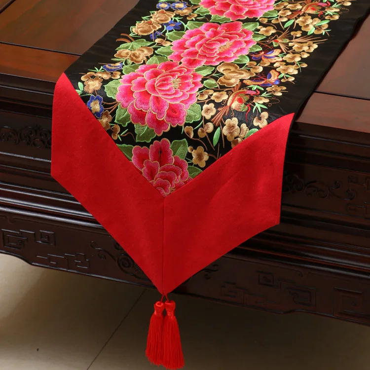 Fine Embroidery Peony Table Runners Luxury Cover Cloth Chinese style Dining Table Pads High End Silk Brocade Coffee Table Cloth