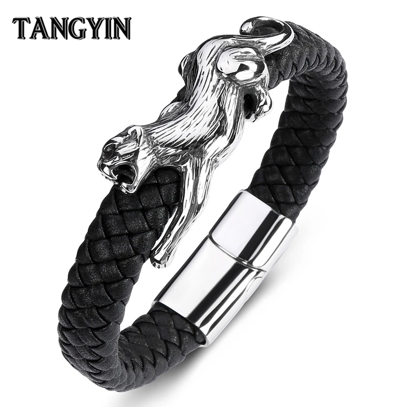 

TANGYIN Fashion Men's Leather Punk Bracelet Leopard Animal Stainless Steel Personality Silver Bracelets Male Best Birthday Gift