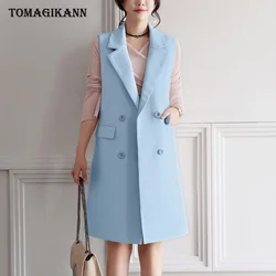 Mujeres Sólido Doble Botonadura Traje Largo Abrigo Chaleco 2019 Más Tamaño Bolsillos Cuello a Medida Chaleco sin Mangas Gilet Femme Tops Mujeres Sólido Doble Botonadura Traje Largo Abrigo Chaleco 2019 Más Tamaño Bolsillos Cuello a Medida Chaleco sin Mangas Gilet Femme Tops