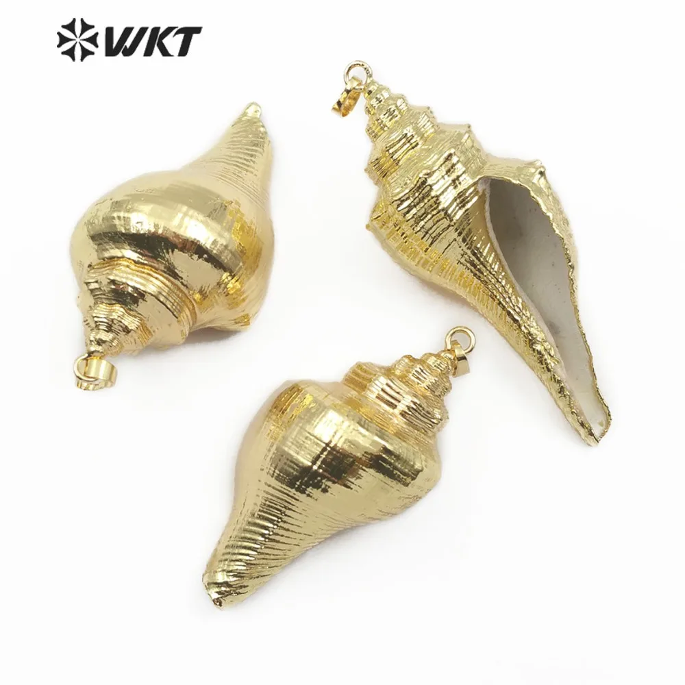 

JP096 New design big natural trumpet shell with full gold dipped pendant, random size, used in fashion necklace pendant jewelry