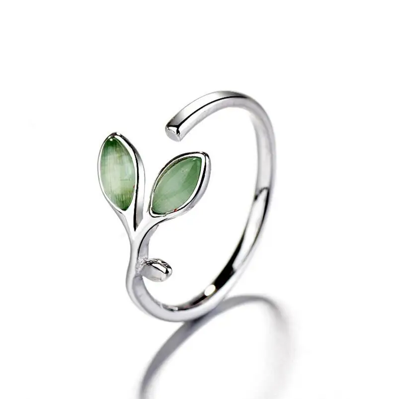 

Cute Green Stone Leaves Leaf Open Adjustable Rings for Women Buds Branch Romantic Rings Girl Creative Fashion Party Jewelry Gift
