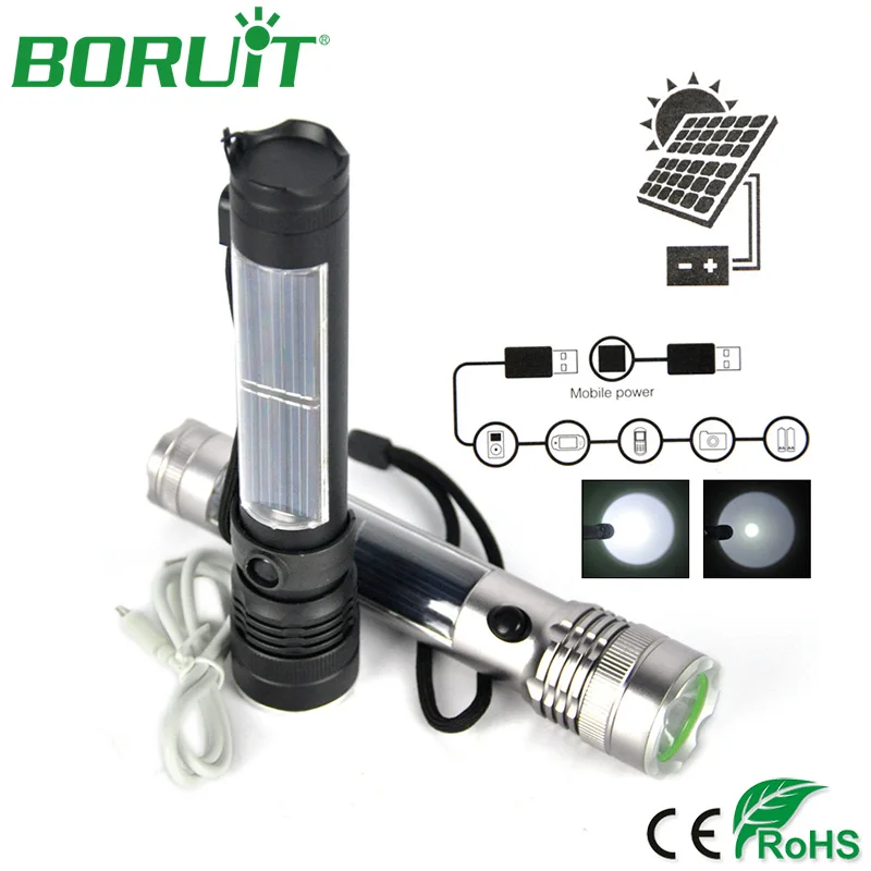 Фонарик BORUiT с солнечной зарядкой светодиодный перезаряжаемый через USB