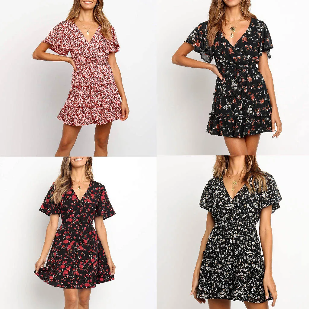 

2019 ISHOWTIENDA Brand Summer Dress Sexy Women's Printing V-neck Sleeveless Mini Dress Princess Dress high quality hot sales