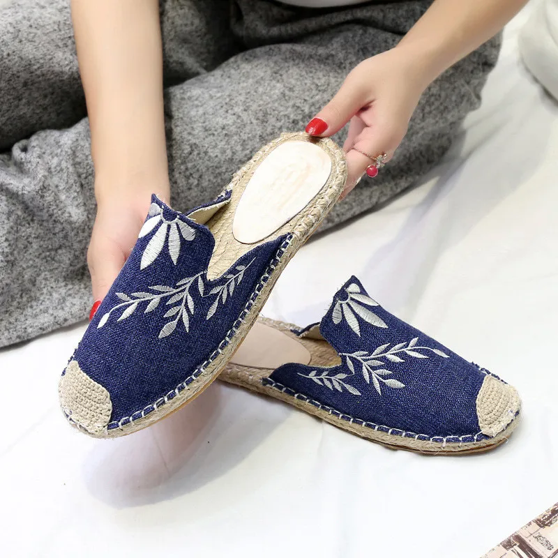 TIMETANG Women shoes embroider dress shoes rhinestones outside basic high-end satin wearing sandals straw-woven flat-soled E272