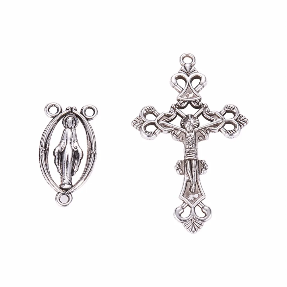 

10pc Alloy Crucifix Cross Pendants Links, Lead Free, Antique Silver,Maria & Jesus,Center Sets for Rosary Bead Necklace Making