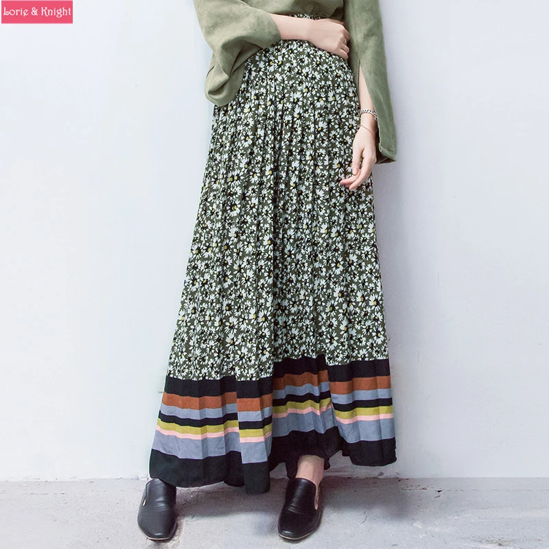 Весна Зеленый Цветочный Принт Богемия Плиссе Длинная Юбка|pleated long skirt|long skirtpleated