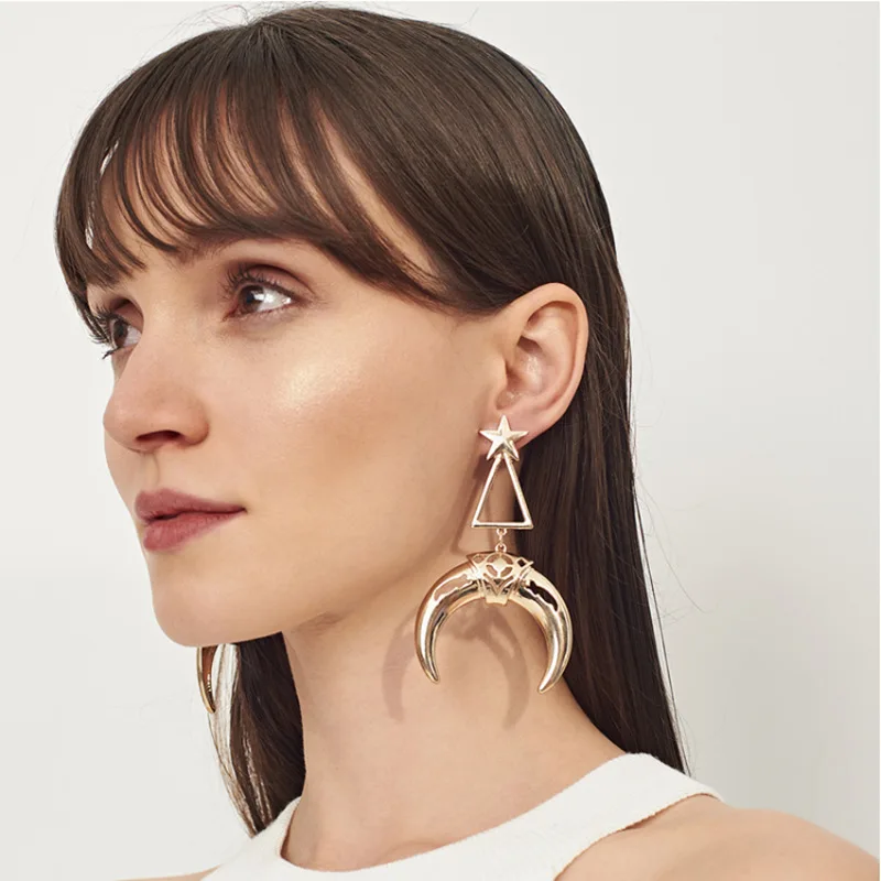 

2019 New Punk Hollow Moon Geometric Drop Earrings For Women Ethnic Crescent Star Triangle Alloy Drop Earrings Pendientes Gifts