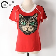 ORDEESON Красная футболка с аппликацией кота женские вязаные пуловеры летний топ дизайнерская тенниска модные футболки красные Топы