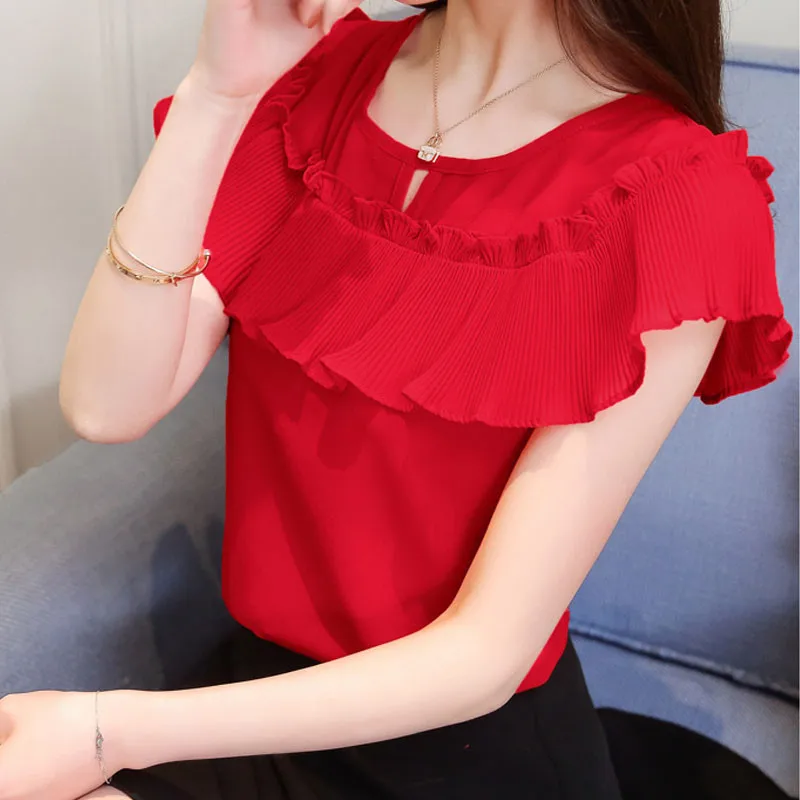 Women Shor Sleeve Casual Chiffon Blouse Female Blouses O-Neck Work Wear Solid Color Office Shirts For Women Blouse Tops R166