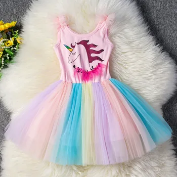 

Unicorn Girls Colorful Gauze Dress Children Ruffles Fluffy Sundress Halloween Unicornio Costume for Kids 1-7yrs