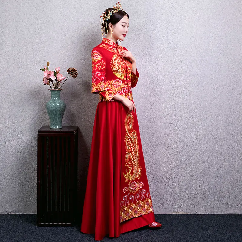 Винтажное свадебное вечернее платье Cheongsam три четверти китайское платье-Ципао с рукавами красная вышивка феникс свадебный набор элегантное платье